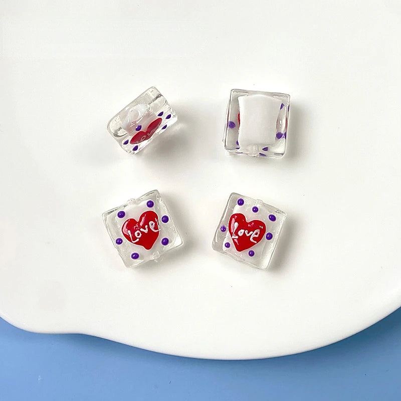 Hand-Painted Love Square Glass Beads DIY Jewelry Material