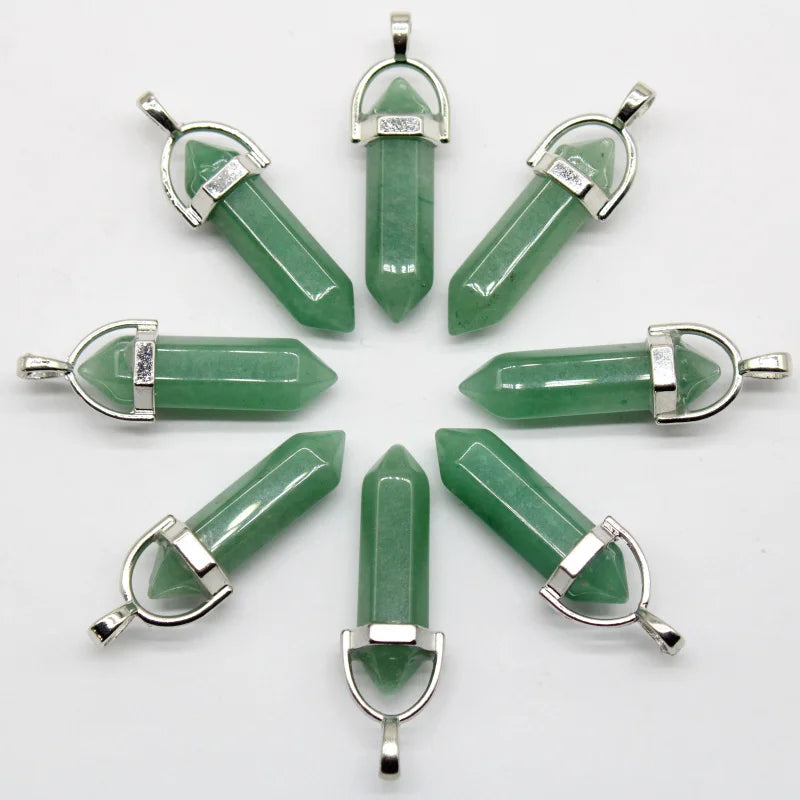 16pcs Natural Stone Green Aventurine Red Hexagonal Column Pendulum Pendant