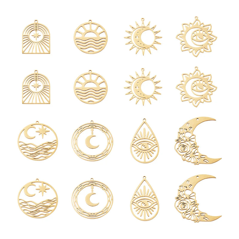 16pcs Sun Moon Stainless Steel Pendants 18K Plated Charms for DIY Jewelry