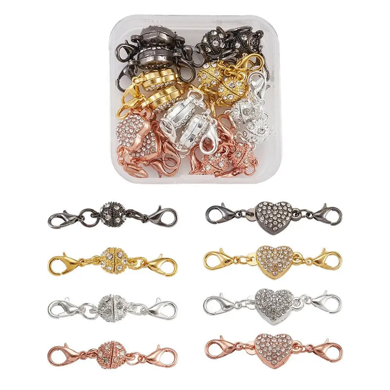 16sets Alloy Rhinestone Magnetic Clasps with Lobster Claw Clasps Heart and Round