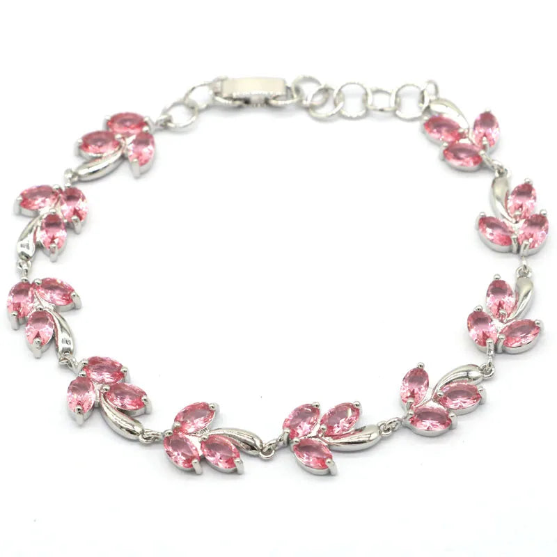 SheCrown Leaf Pink Tourmaline Silver Bracelet 7.0-8.0inch