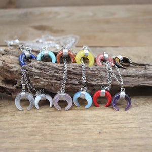 Natural Stone Ox Horn Crescent Moon Pendant Necklace