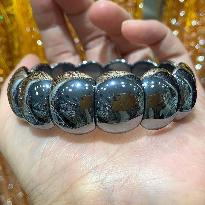 Natural Terahertz Beads Bracelet Round DIY Beads Bangle Silver