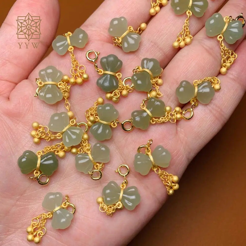 16x32mm Hetian Jade Pendant Natural Bowknot Brass Beads Jewelry Making DIY