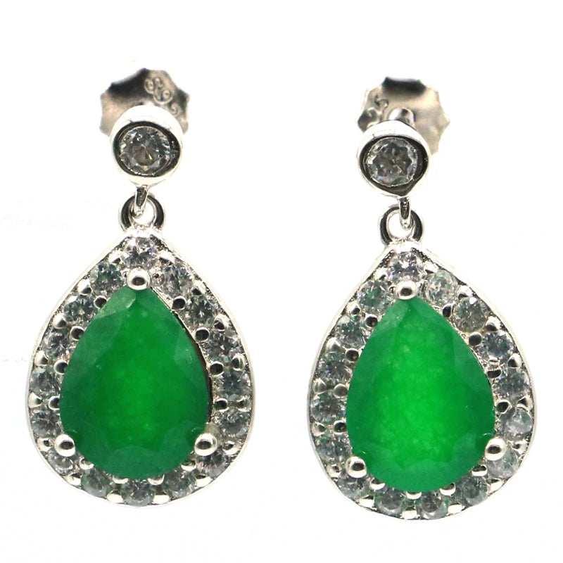 Lovely 925 Silver Red Ruby Green Emerald Stud Earrings
