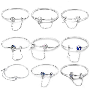 925 Silver Pink Heart Lock Bracelet Safety Chain DIY Charms Beads Jewelry