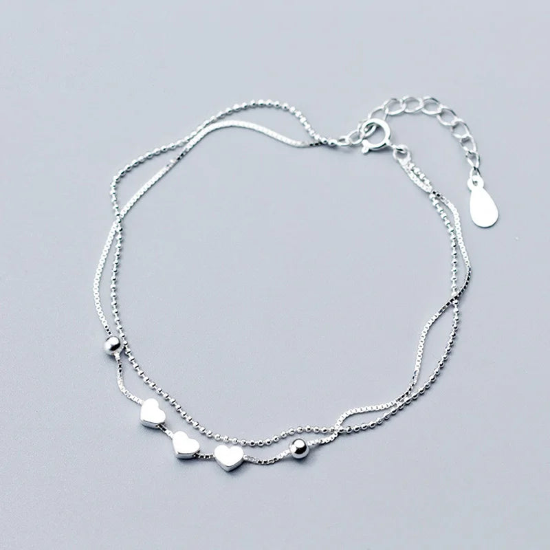 Silver Heart Layered Chain Bracelet for Women Girls