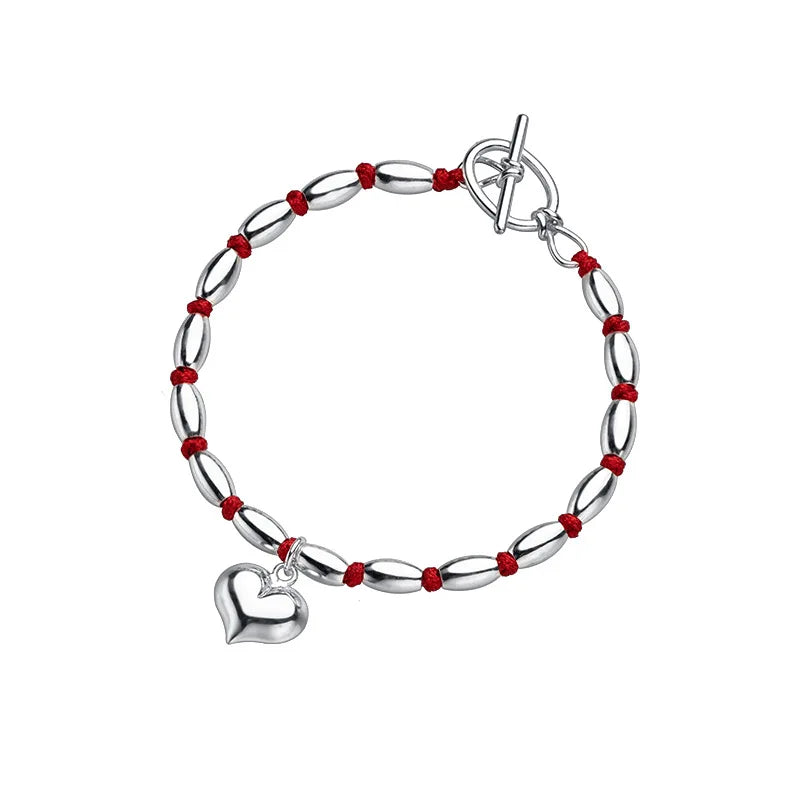Bamboo Heart 925 Silver Women Bracelet Red Thread Line String Rope Bracelet