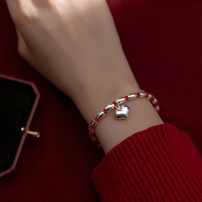 Bamboo Heart 925 Silver Bracelet Red Thread String Rope Bracelet