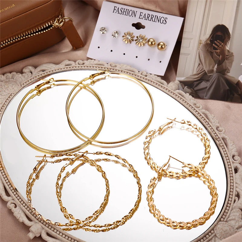 Geometric Metal Hoop Earrings Set Plated Silver Circle Dangle Earrings Jewelry