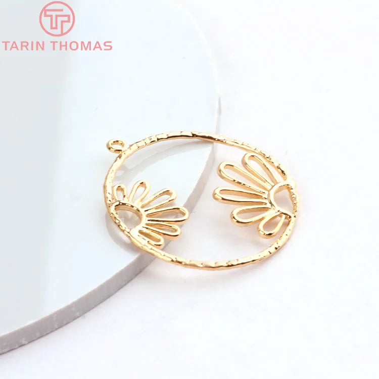 6PCS 25*28MM 24K Brass Round Flower Charms Pendants DIY Jewelry Findings