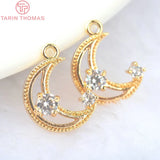 6PCS 14*10MM 24K Brass Zircon Moon Charms Pendants Jewelry Findings