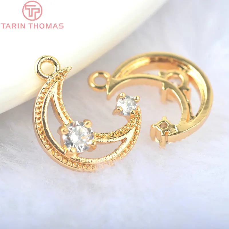 6PCS 14*10MM 24K Brass Zircon Moon Charms Pendants Jewelry Findings
