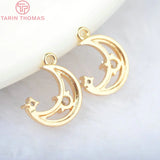 6PCS 14*10MM 24K Brass Zircon Moon Charms Pendants Jewelry Findings