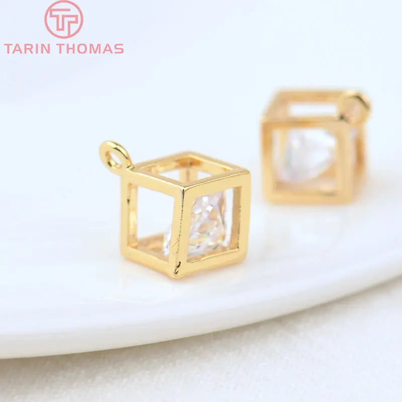 6PCS 6MM 7.5MM 24K Plated Brass Cube Charms Pendants
