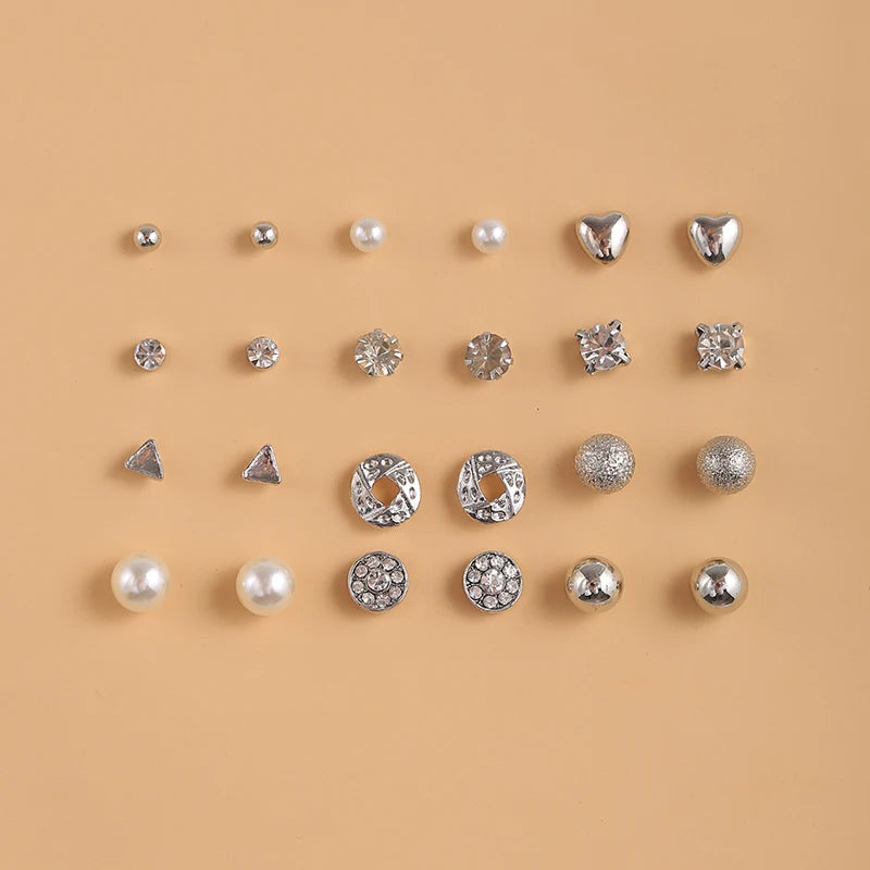 Vintage CZ Round Stud Earrings Set Women Silver Crystal Bow Jewelry