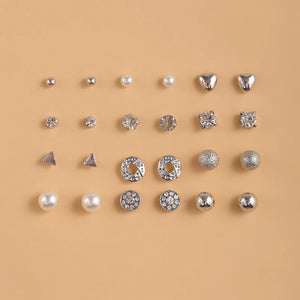 Vintage CZ Round Stud Earrings Set Women Silver Crystal Bow Jewelry