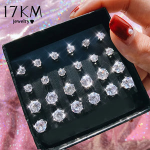 Vintage CZ Round Stud Earrings Set Women Silver Crystal Bow Jewelry