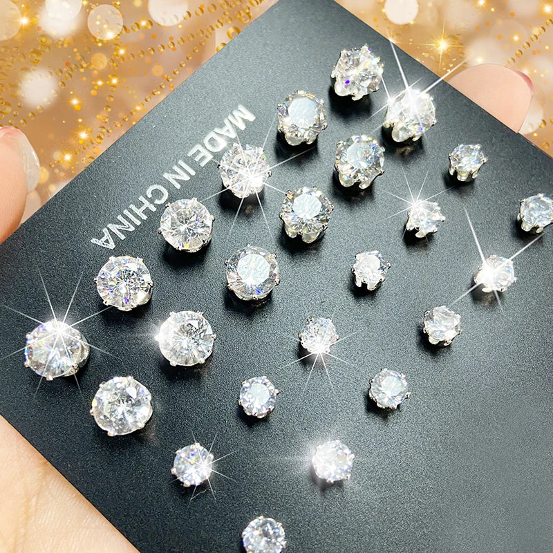 Vintage CZ Round Stud Earrings Set Women Silver Crystal Bow Jewelry