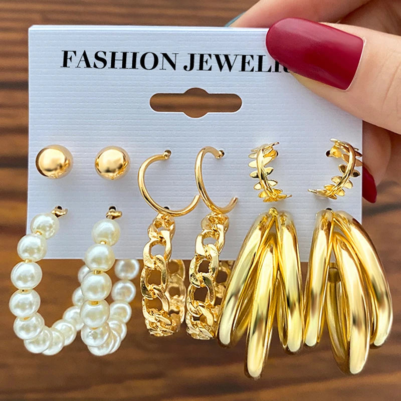 Vintage Silver Chain Hoop Earrings Set Women Pearl Circle Jewelry