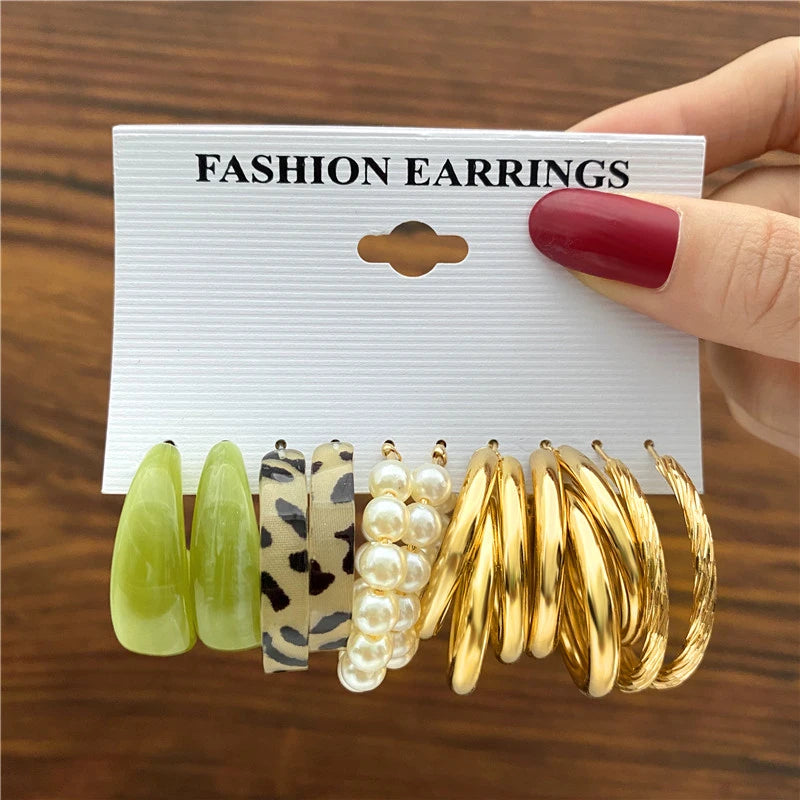 Vintage Silver Chain Hoop Earrings Set Women Pearl Circle Jewelry