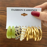 Vintage Silver Chain Hoop Earrings Set Women Pearl Circle Jewelry