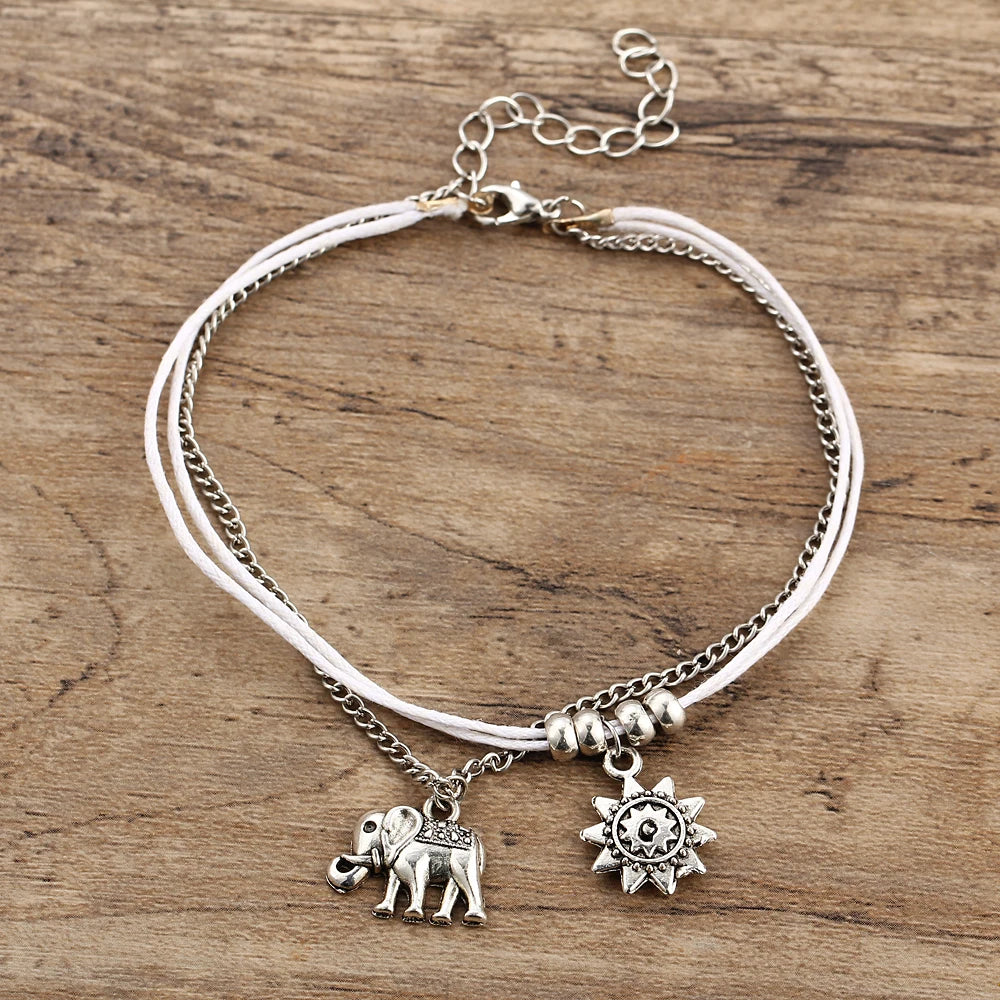 Vintage Star Elephant Anklets Bracelet For Women Boho Double Layer Ankle