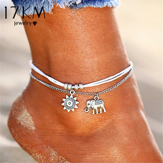 Vintage Star Elephant Anklets Bracelet For Women Boho Double Layer Ankle