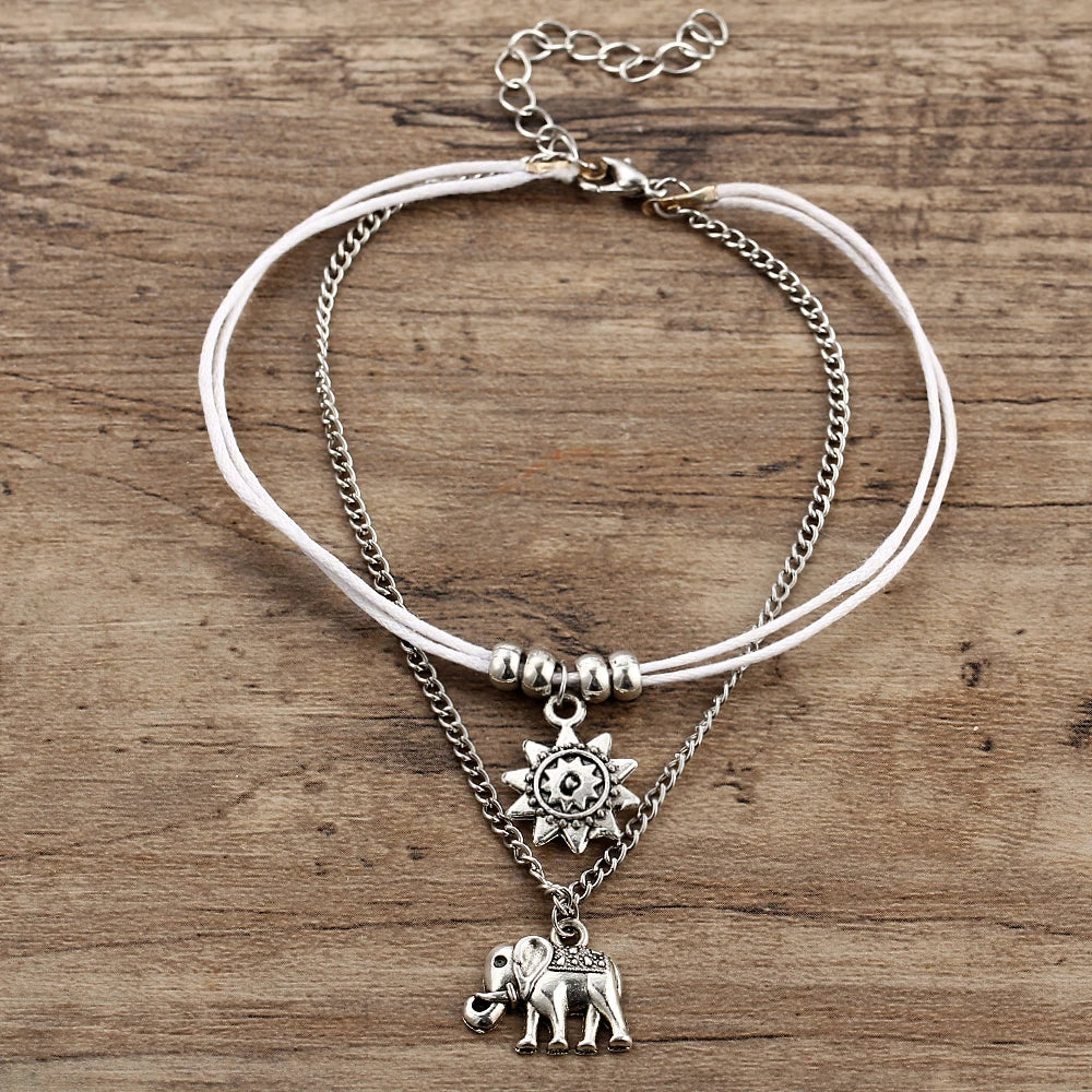 Vintage Star Elephant Anklets Bracelet For Women Boho Double Layer Ankle
