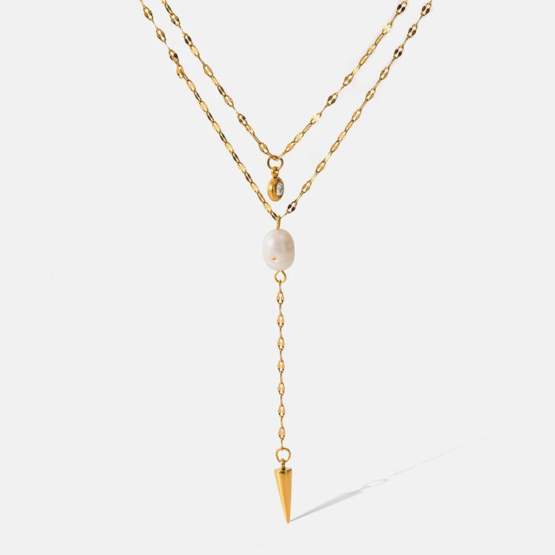 Double Layer Pearl Pendant Necklace Stainless Steel Chain Jewelry