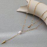 Double Layer Pearl Pendant Necklace Stainless Steel Chain Jewelry