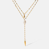 Double Layer Pearl Pendant Necklace Stainless Steel Chain Jewelry