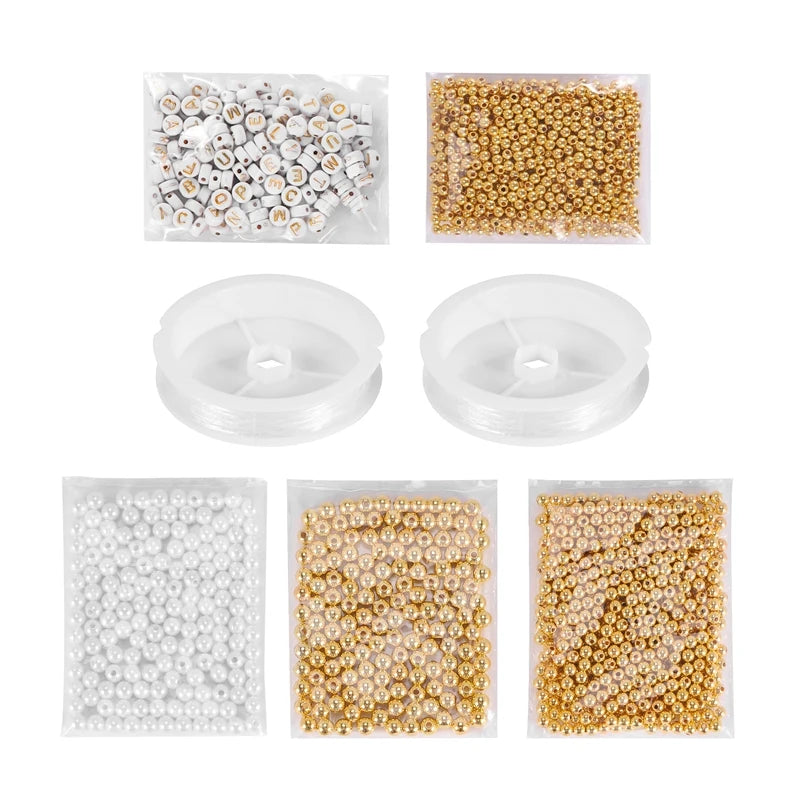 1800Pcs Beads Kit, Spacer, Alphabet & Pearl Beads, Elastic String DIY Bracelet