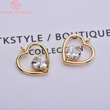 6PCS 12x11MM 24K Plated Brass Zircon Heart Pendants Charms DIY Jewelry Findings