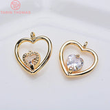 6PCS 12x11MM 24K Plated Brass Zircon Heart Pendants Charms DIY Jewelry Findings