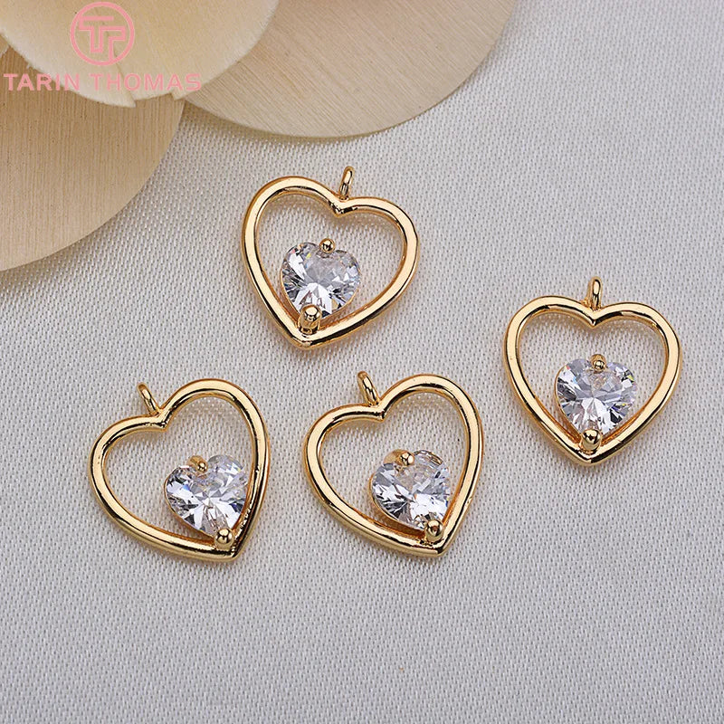 6PCS 12x11MM 24K Plated Brass Zircon Heart Pendants Charms DIY Jewelry Findings