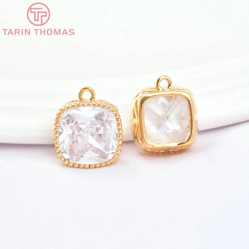 4PCS 9MM 24K Brass Zircon Square Charms Pendants Jewelry Accessorie