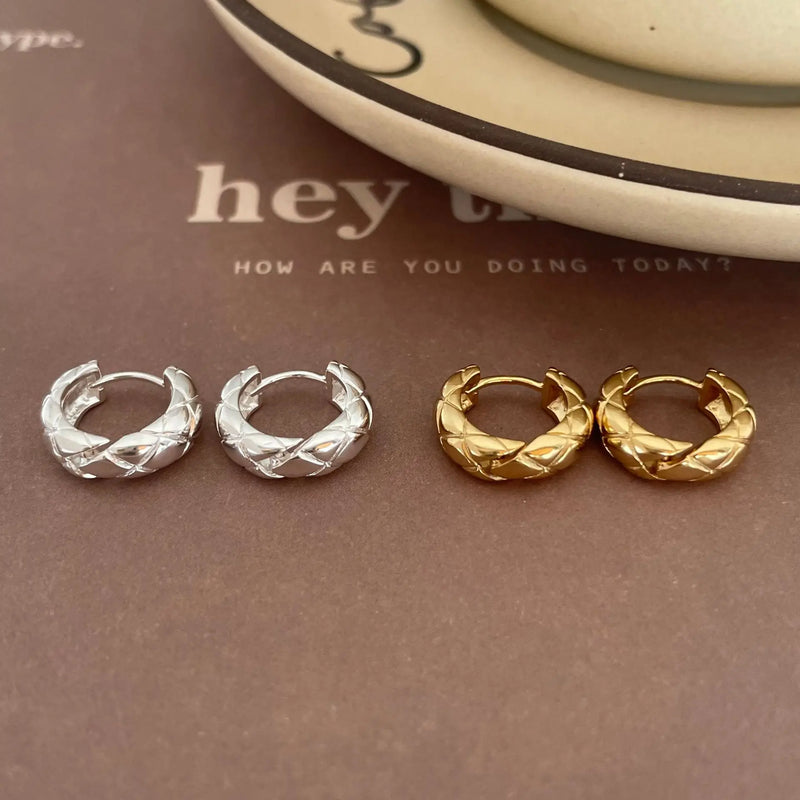 925 Silver Grid Lattice Circle Round Ear Hoop Earrings C-C972