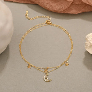 Sterling Silver Heart Moon Star CZ Anklet Bracelet Set