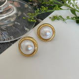 Round Pearl & Grid Engraved Stud Earrings