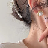 Round Pearl & Grid Engraved Stud Earrings