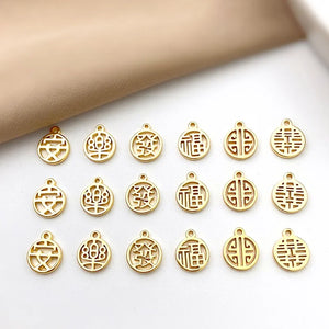18K Chinese Character Round Pendant Red String DIY Bracelet Necklace