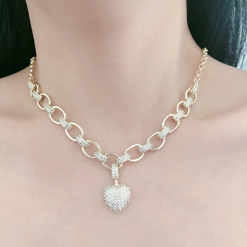 18K High Chain CZ Heart Pendant Necklace