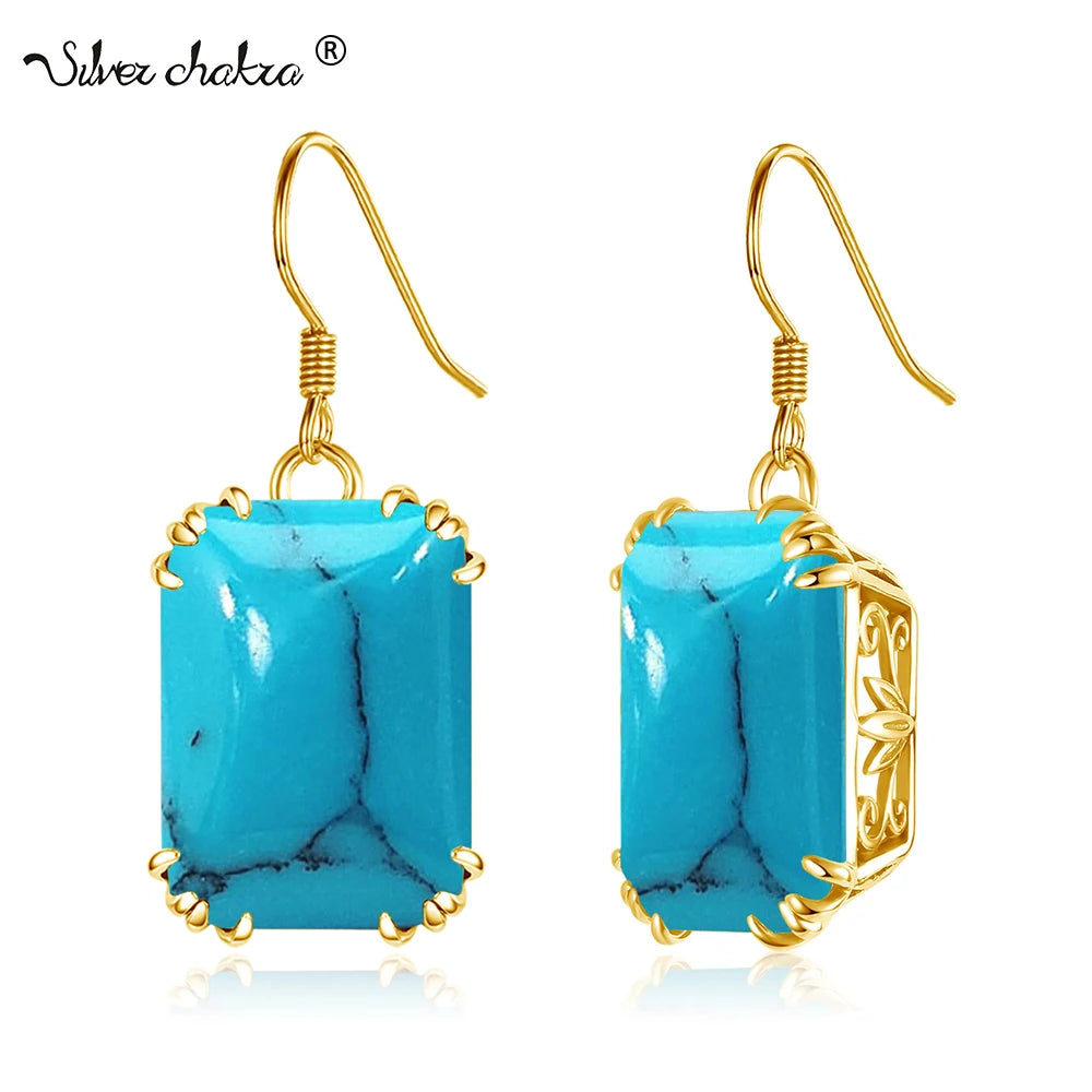 Vintage Turquoise Drop Earrings 925 Sterling Silver Hanging Earrings