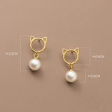 18K Filled Synthetic Pearl 925 Sterling Silver Cat Stud Earrings