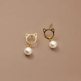 18K Filled Synthetic Pearl 925 Sterling Silver Cat Stud Earrings