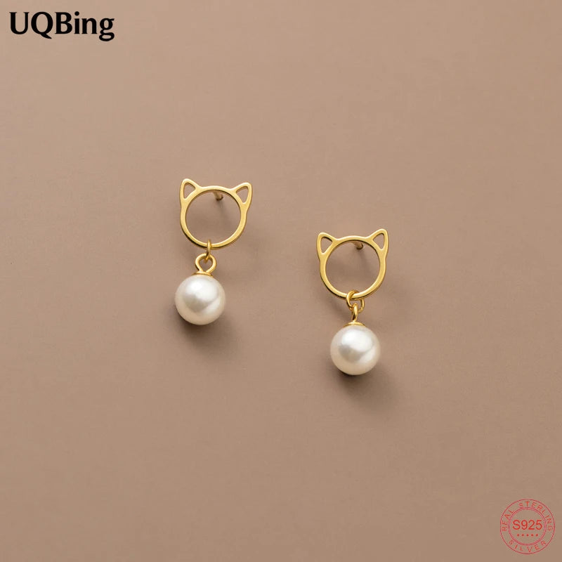 18K Filled Synthetic Pearl 925 Sterling Silver Cat Stud Earrings