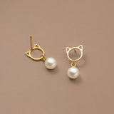 18K Filled Synthetic Pearl 925 Sterling Silver Cat Stud Earrings