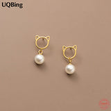 18K Filled Synthetic Pearl 925 Sterling Silver Cat Stud Earrings