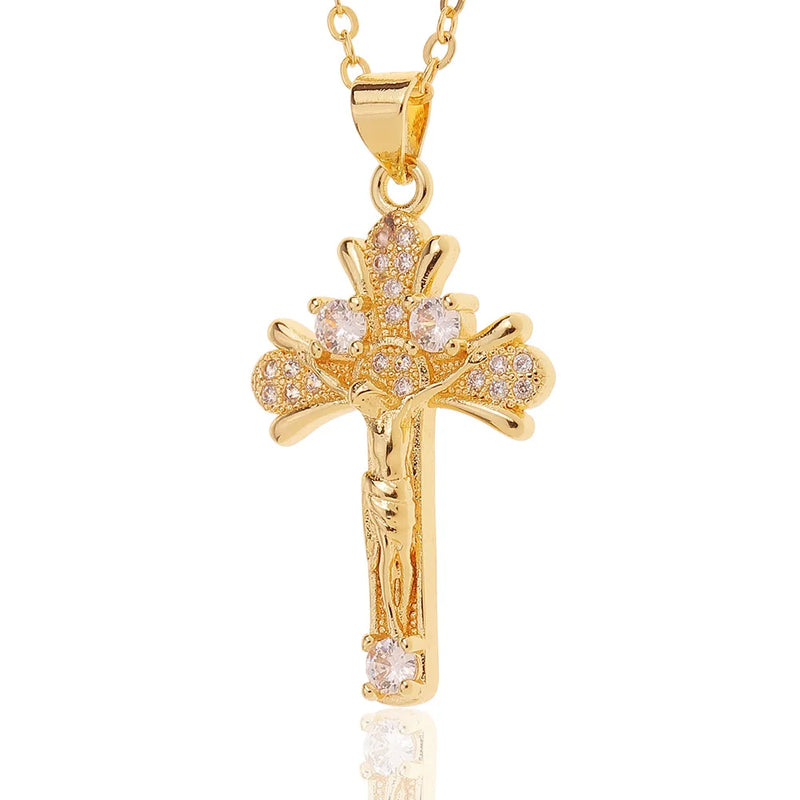 18K Zircon Cross Pendant Clavicle Chain Necklace for Women